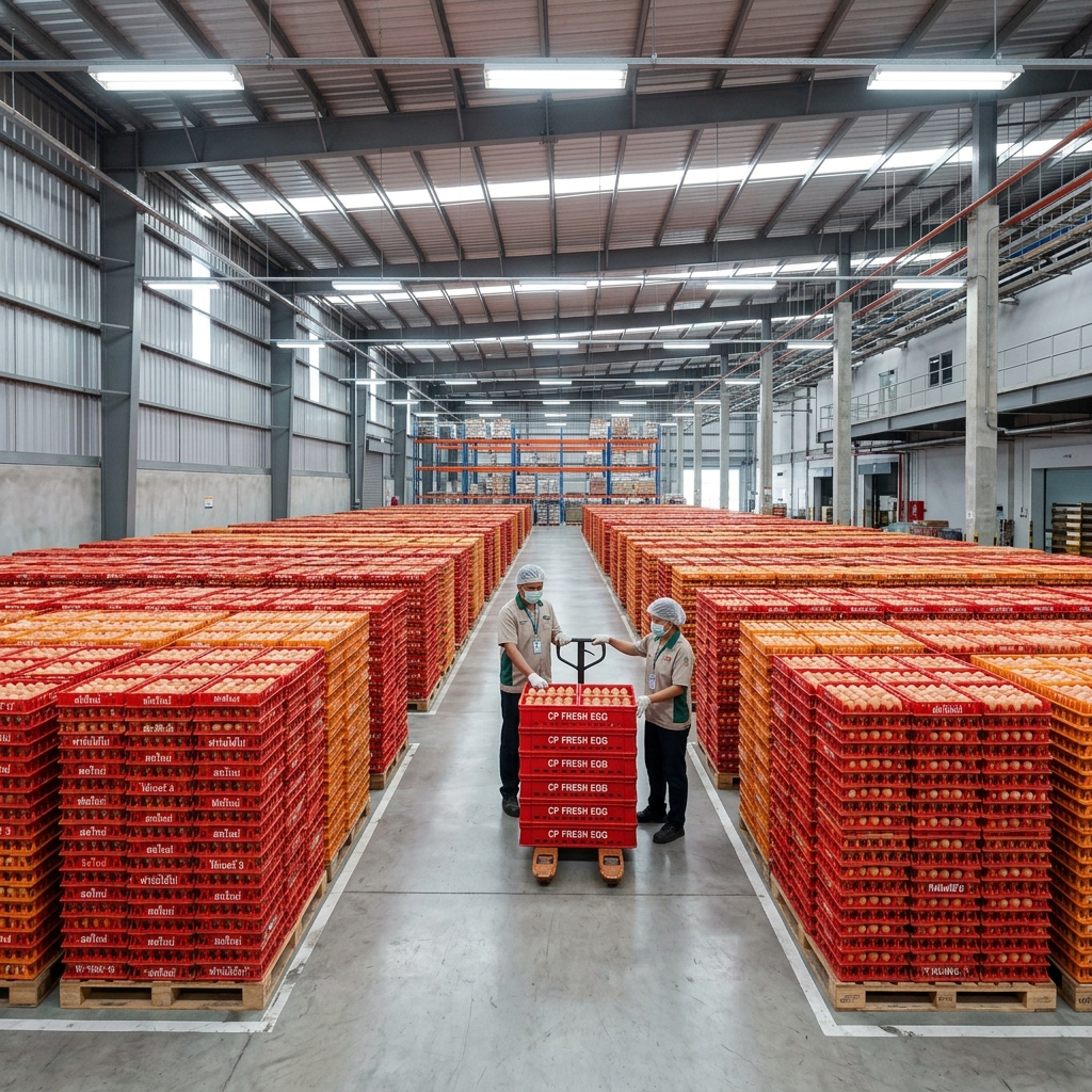 Egg crates stacked in warehouse