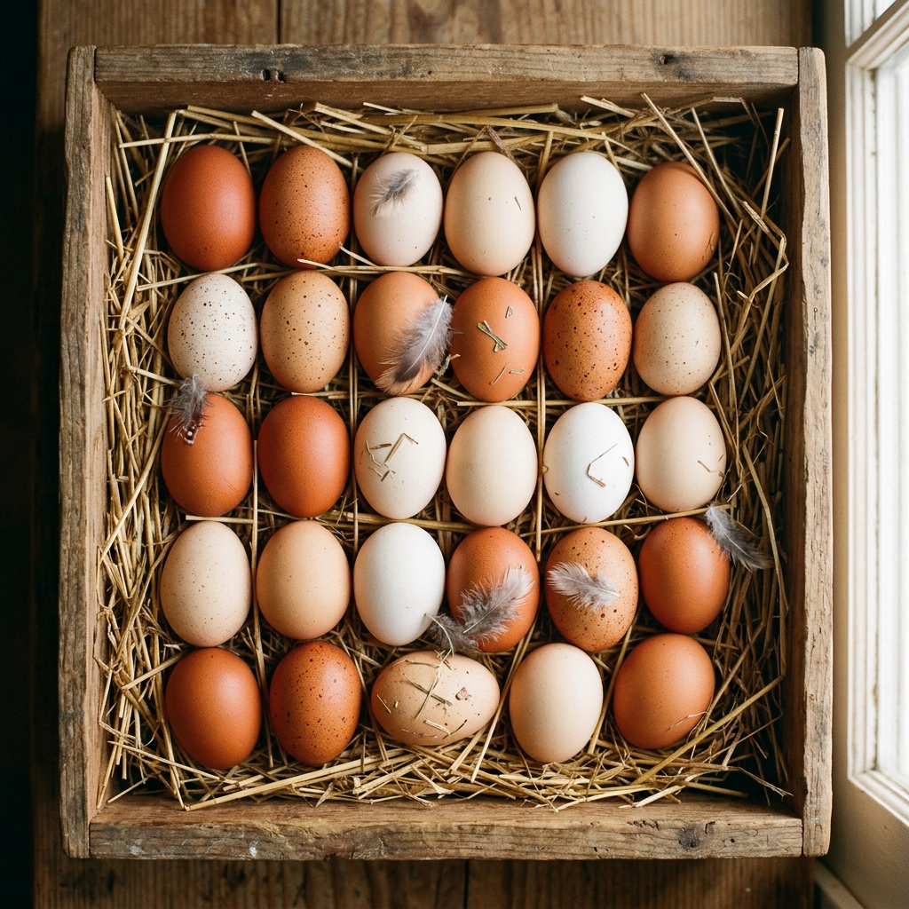 Fresh eggs in wooden crate