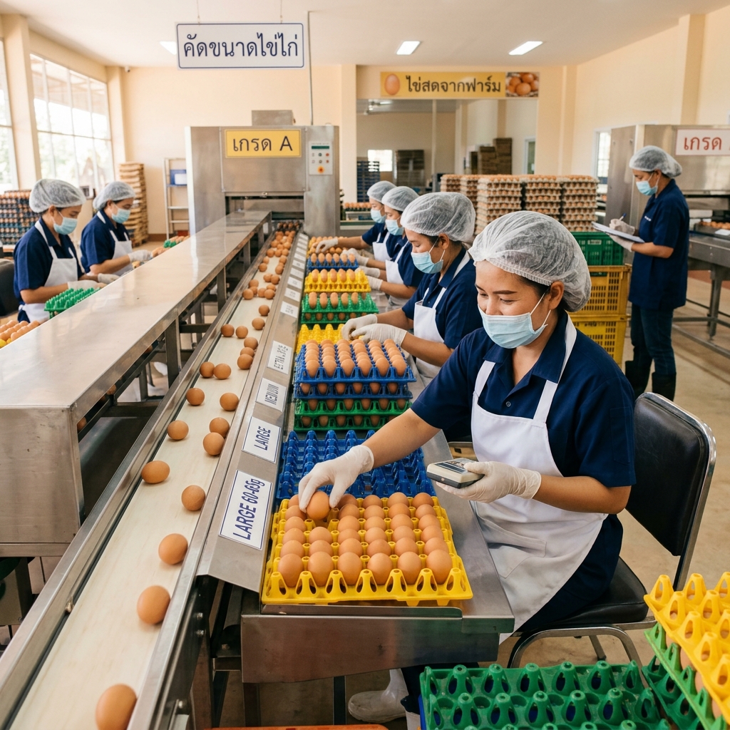 Workers sorting and grading eggs