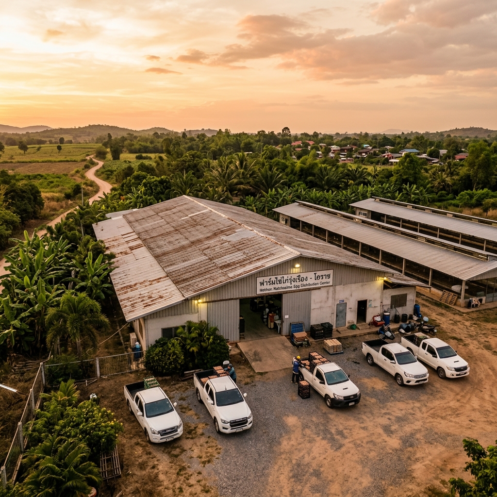Farm exterior at sunset